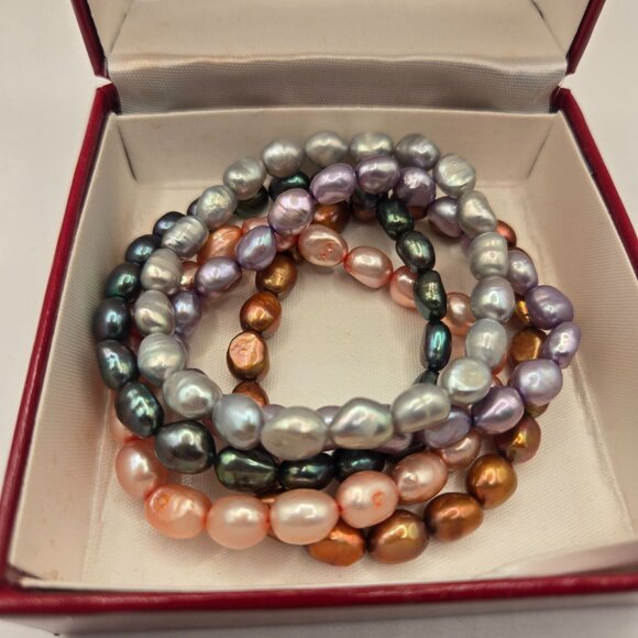 5 Strand Multi Color Freshwater Cultured Pearl Stretch Bracelets - Picture 1 of 3